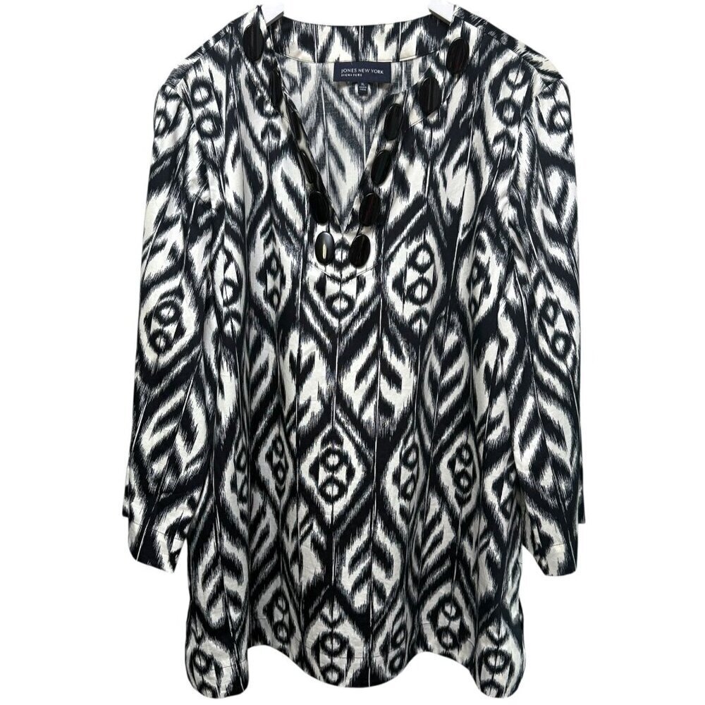 Jones New York Tunic Blouse XL Black Cream Ikat Print Cotton Womens Boho Top